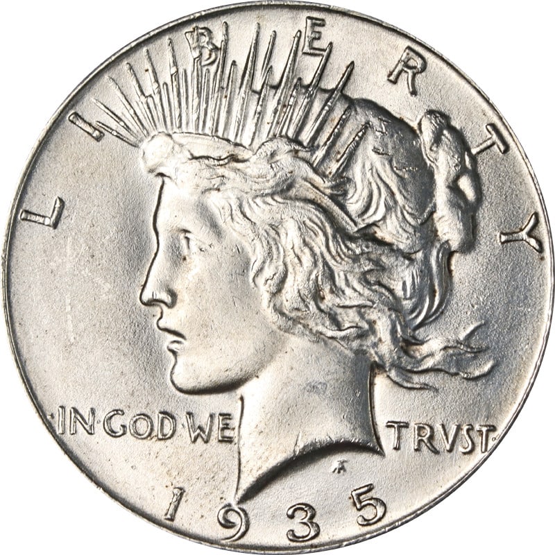 1935 P Peace Dollar Uncirculated Silver Coin: 1935 P Peace Dollar Uncirculated Silver Coin 1935-P Peace Dollar in uncirculated, pre-owned condition. This silver coin is uncertified and identified as a GEMMY example. Specifications Item Type: Peac