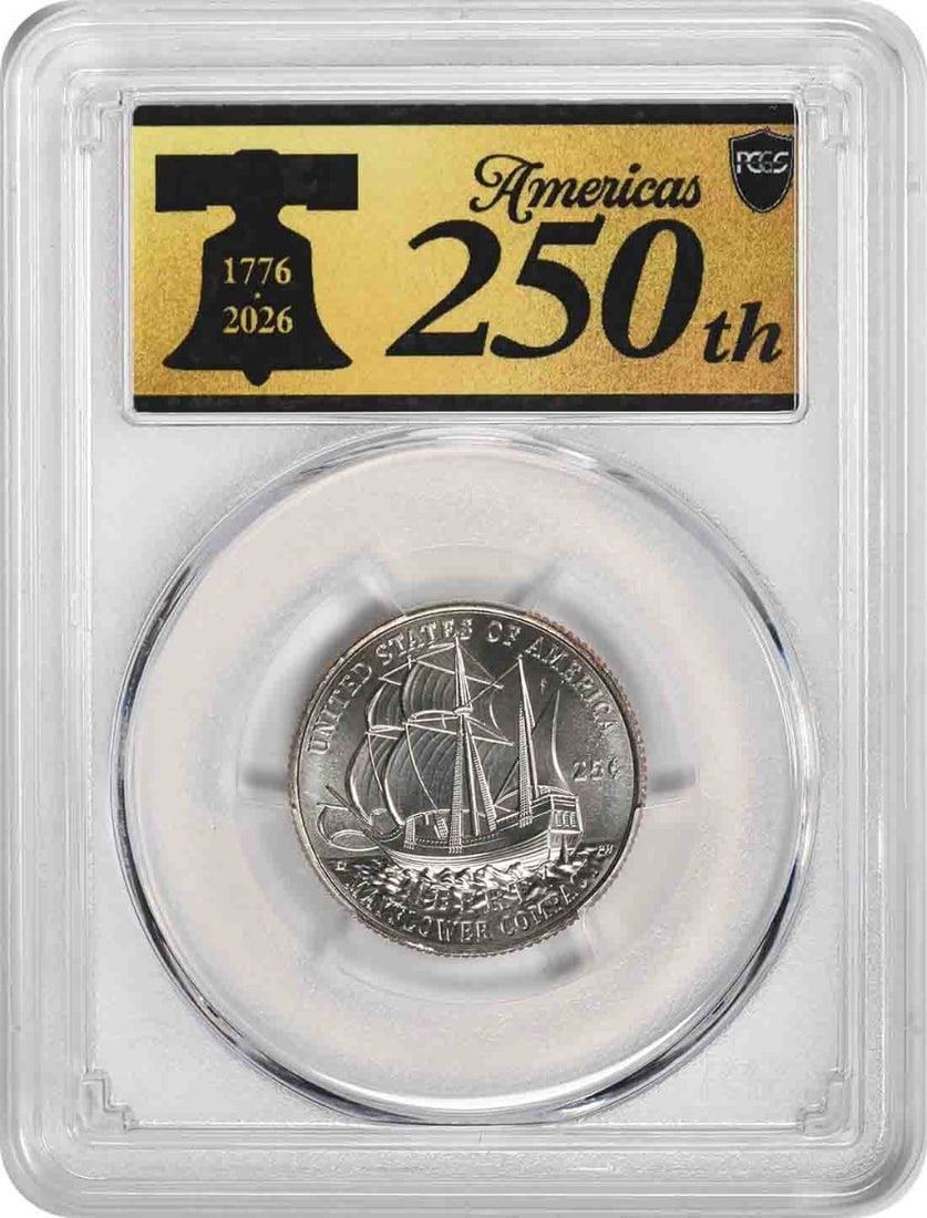 PCGS MS67 First Strike 2026 D Mayflower Compact 25C Anniversary Label: PCGS MS67 First Strike 2026 D Mayflower Compact 25C Anniversary Label PCGS-certified 2026-D Mayflower Compact quarter graded MS67 with a First Strike Anniversary Label. This uncirculated clad 25-cent 