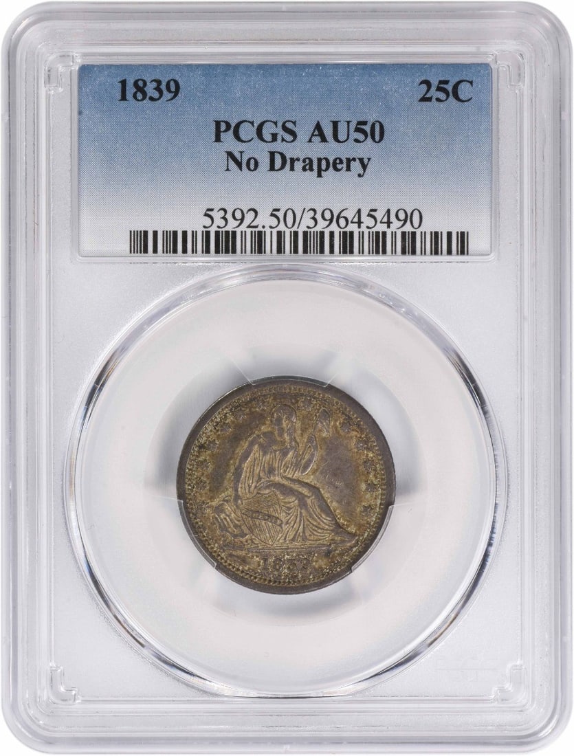 PCGS AU50 1839 Seated Liberty 25C Silver Quarter: PCGS AU50 1839 Seated Liberty 25C Silver Quarter 1839 Liberty Seated silver quarter graded AU50 by PCGS. This circulated 25C coin features the No Drapery Liberty Seated design and is a pre-owned examp
