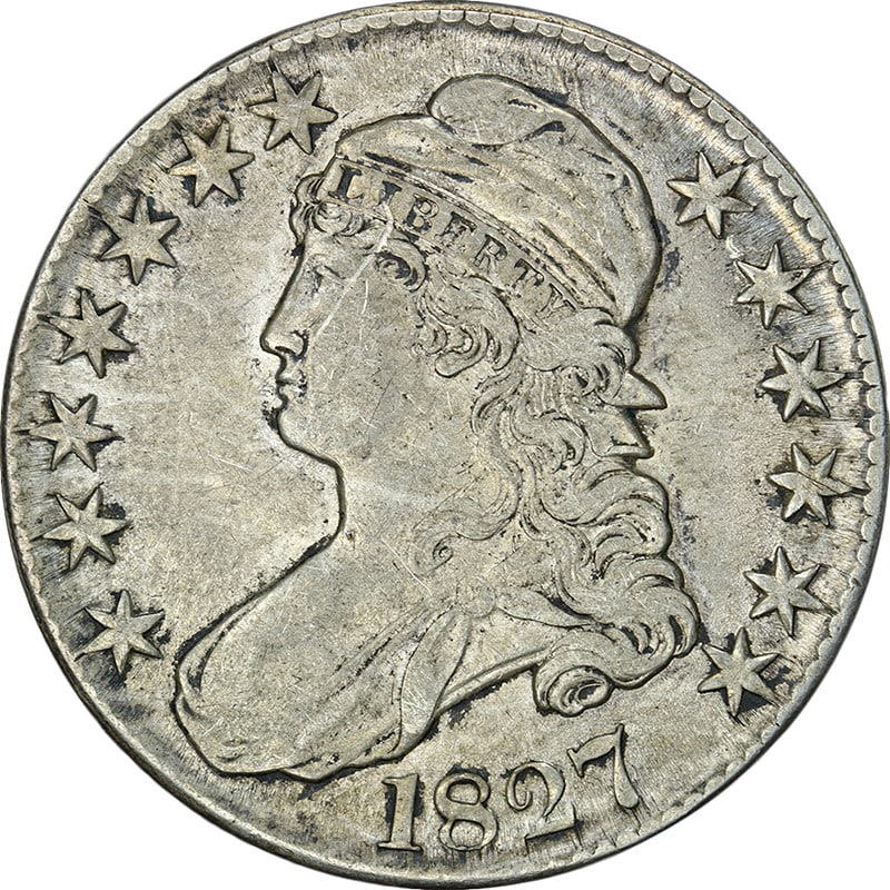 1827 Capped Bust Half Dollar Square Base 2 AU/BU Silver Coin: 1827 Capped Bust Half Dollar Square Base 2 AU/BU Silver Coin This 1827 Capped Bust Half Dollar features a striking 'Square Base 2' design, showcasing appealing luster and color. Graded as AU/BU, this 