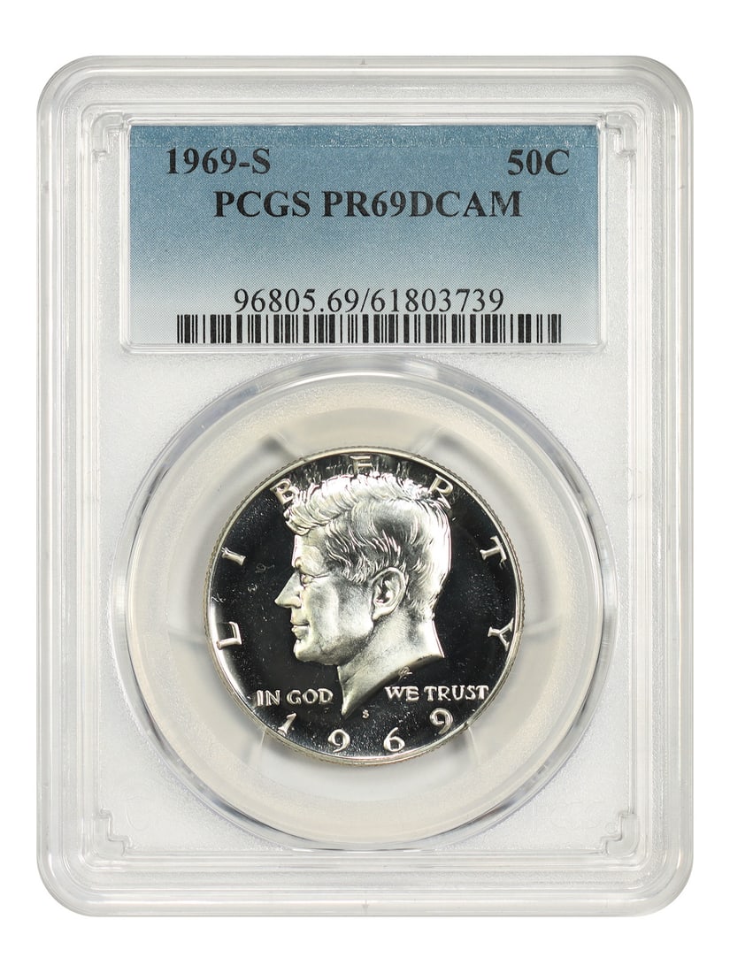 Kennedy Half Dollar 1969-S 50C PCGS PR69DCAM: Kennedy Half Dollar 1969-S 50C PCGS PR69DCAM 1969-S Kennedy Half Dollar certified by PCGS as PR69DCAM. This uncirculated 50C coin is a pre-owned example. Specifications Denomination: 50C Year: 1969 Mi