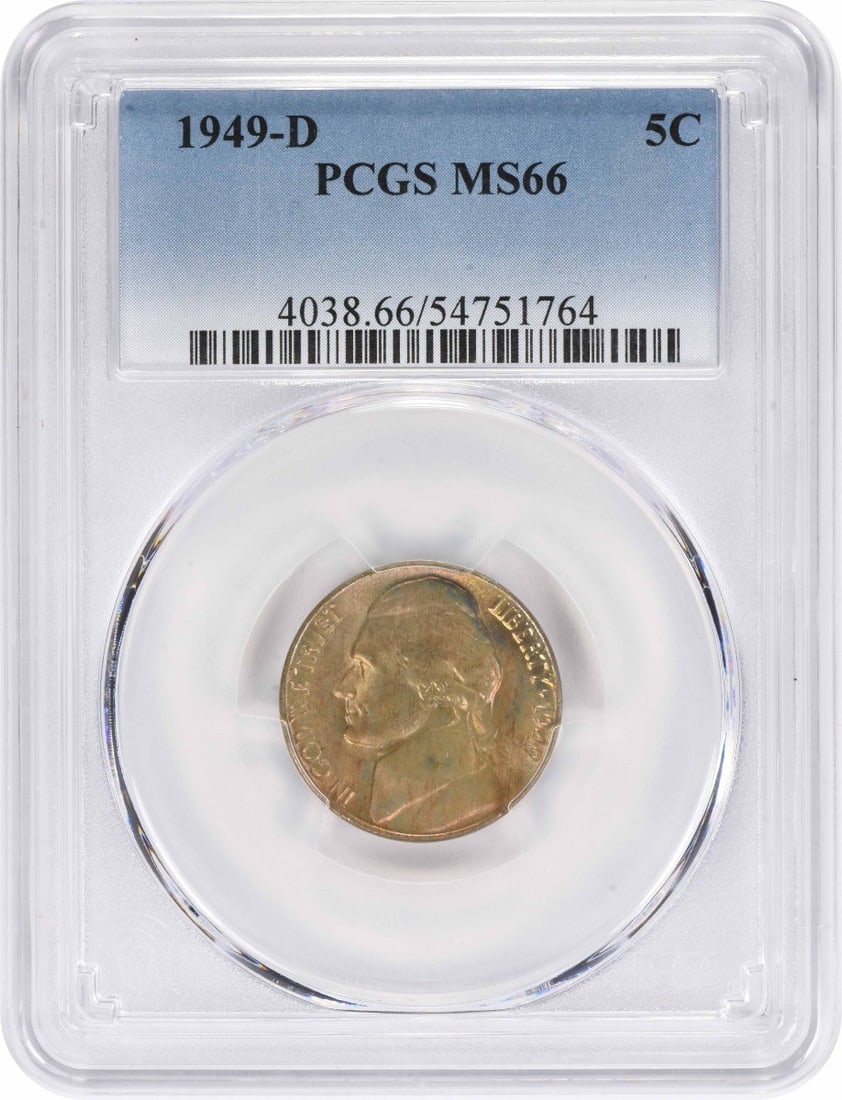 PCGS MS66 1949-D Jefferson 5C Nickel Toned: PCGS MS66 1949-D Jefferson 5C Nickel Toned 1949-D Jefferson nickel graded MS66 by PCGS. This uncirculated United States 5-cent coin is composed of nickel and offered as a pre-owned piece. Specificatio