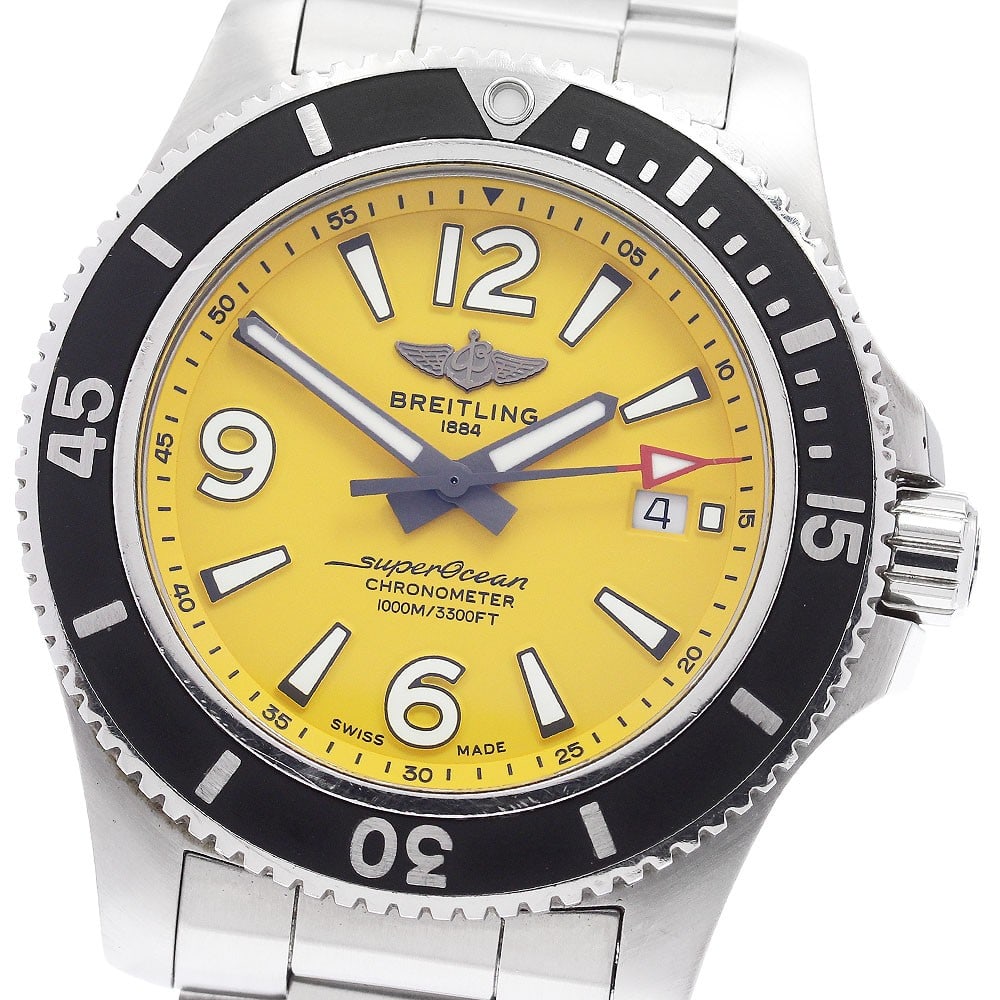 Breitling Superocean A17367 men's automatic watch yellow dial warranty card: Breitling Superocean A17367 men's automatic watch yellow dial warranty card Breitling Superocean automatic men's wristwatch with a yellow dial, stainless steel case, and stainless steel bracelet. This