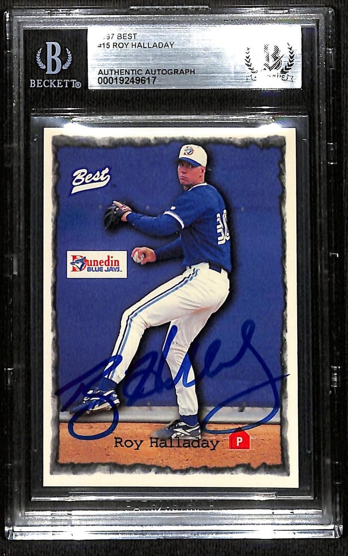 Beckett Authenticated Roy Halladay 1997 Best Dunedin Blue Jays Rookie Card: Beckett Authenticated Roy Halladay 1997 Best Dunedin Blue Jays Rookie Card Hand-signed Roy Halladay 1997 Best Dunedin Blue Jays rookie baseball card. The autograph appears in blue ink on the front of 