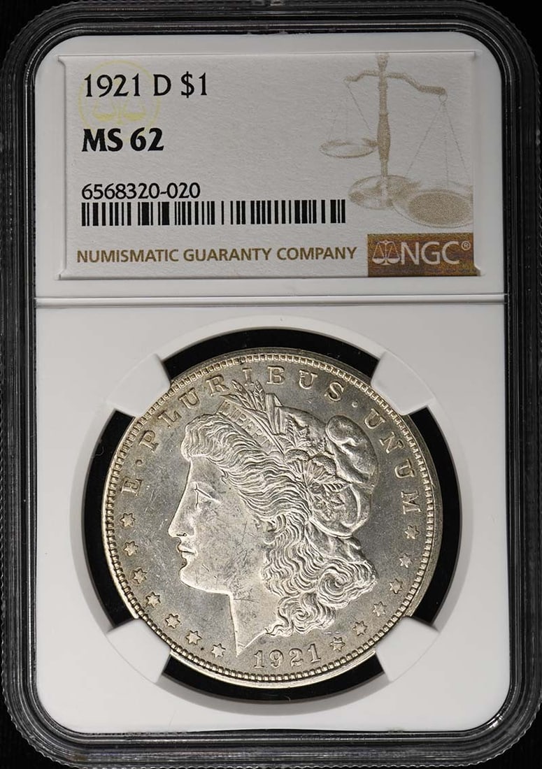 NGC MS62 1921 D Morgan Silver Dollar $1: NGC MS62 1921 D Morgan Silver Dollar $1 Certified 1921-D Morgan Dollar with an NGC MS62 grade. This pre-owned United States silver dollar is an uncirculated example from the Denver Mint and is identif