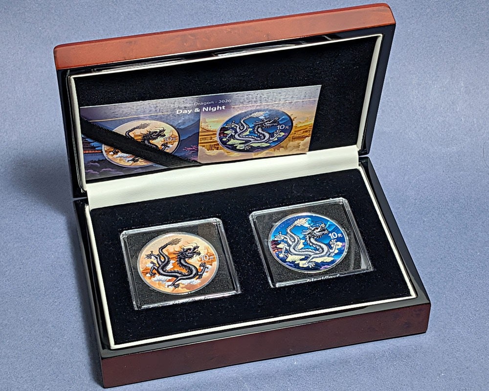 2026 China Dragon Day Night 2 Coin Silver 10 Yuan Set OGP COA: 2026 China Dragon Day Night 2 Coin Silver 10 Yuan Set OGP COA This is an original 2026 China 2 x 1 Ounce Silver 10 Yuan Dragon Day & Night Coin Set, featuring two uncirculated coins with a fineness of