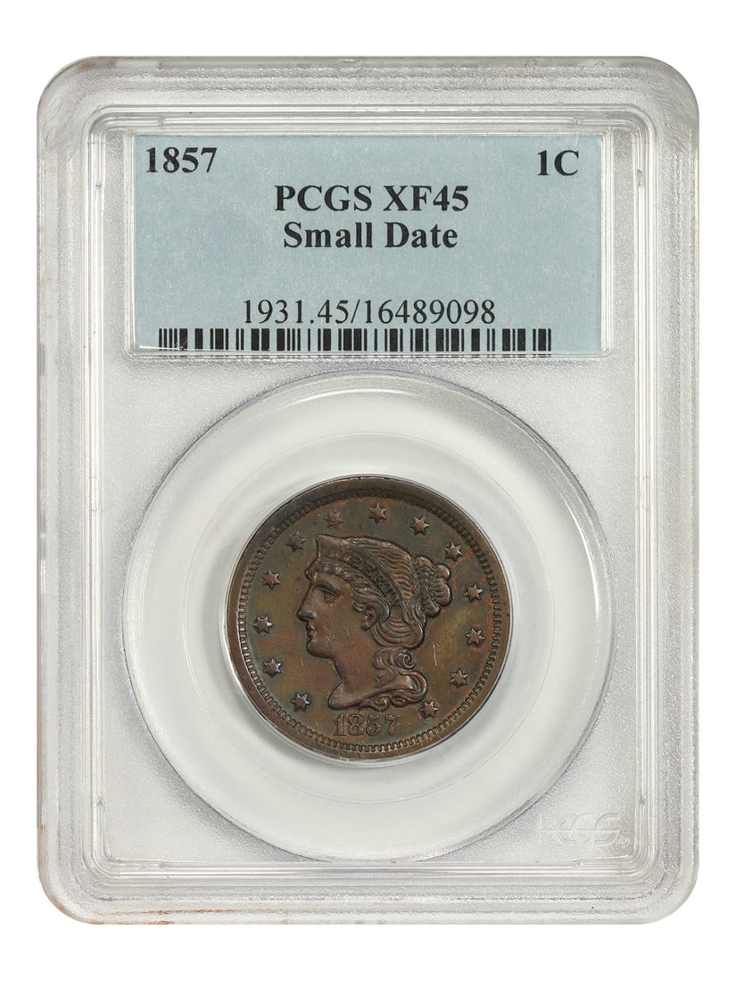 1857 Braided Hair Cent 1C PCGS XF45 Small Date BN (1 of 4)