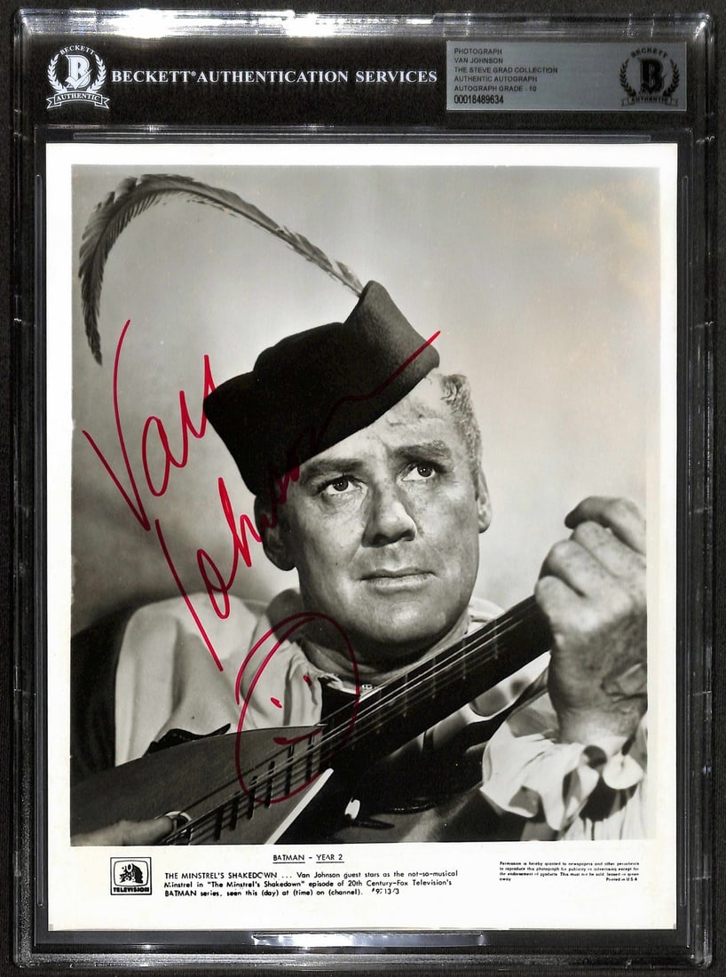 Beckett Auto Grade 10 Van Johnson signed 8x10 Batman Minstrel photo: Beckett Auto Grade 10 Van Johnson signed 8x10 Batman Minstrel photo Pre-owned 8x10 black-and-white promotional photograph from Batman, signed by Van Johnson in bold red marker. The autograph is authen