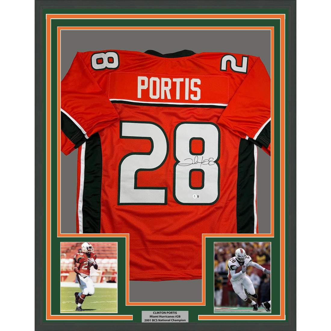 Clinton Portis Signed Miami Hurricanes Jersey 35x39 Framed Beckett COA: Clinton Portis Signed Miami Hurricanes Jersey 35x39 Framed Beckett COA This professionally framed and matted display features a Clinton Portis Miami Hurricanes orange jersey, hand-signed by Clinton Po