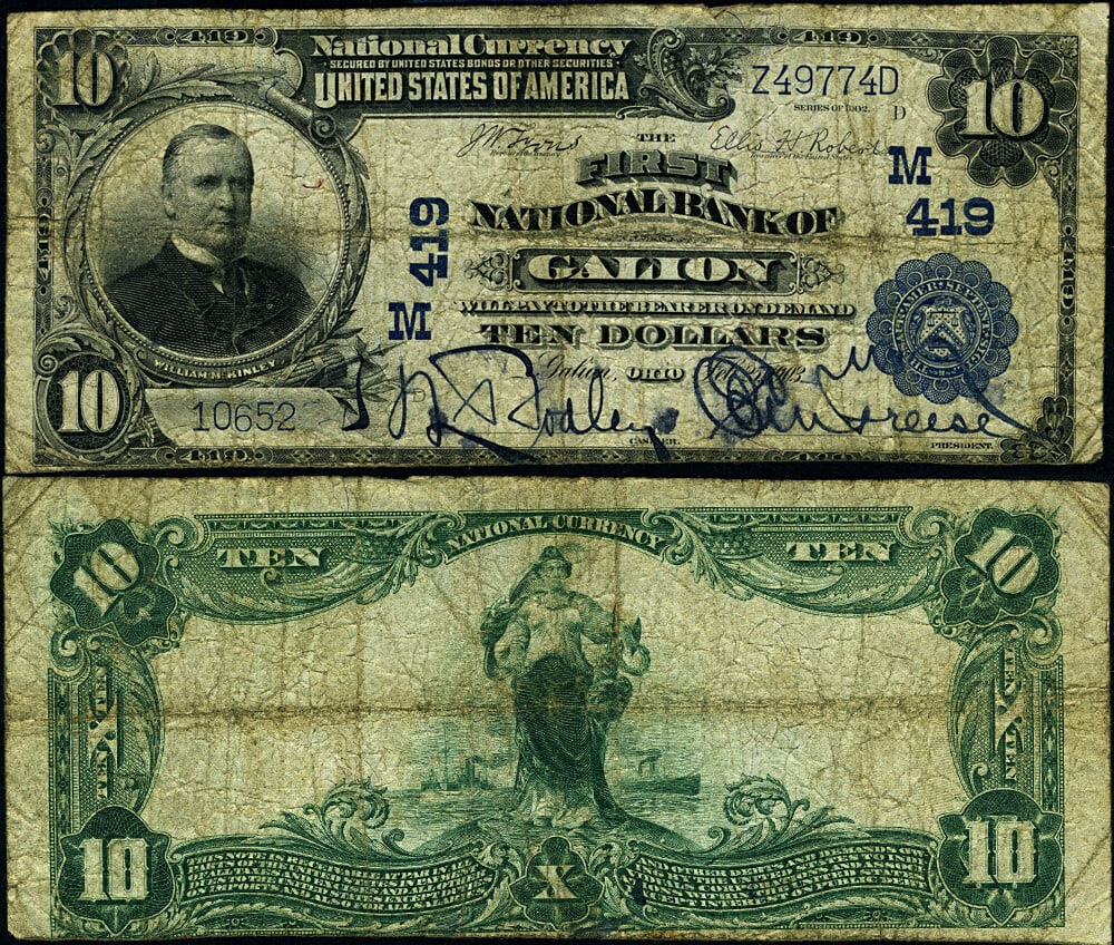 1902 PB $10 National Bank Note First NB Galion Ohio Ch #419 (1 of 3)