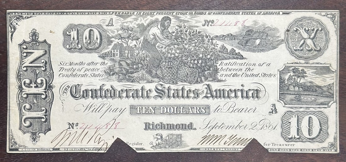 Cancelled 1861 Confederate States of America $10 Bank Note (1 of 2)