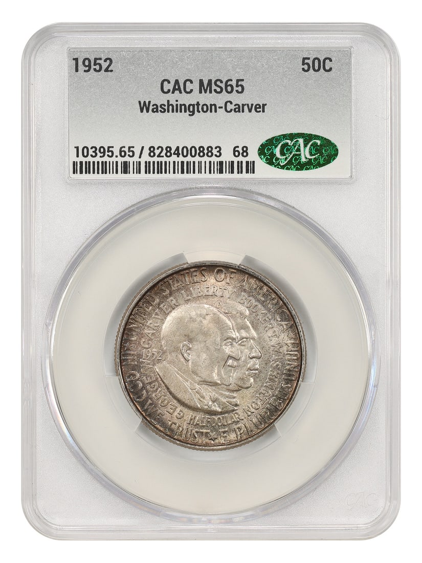 1952 Washington Carver 50C CACG MS65 Silver Half Dollar: 1952 Washington Carver 50C CACG MS65 Silver Half Dollar 1952 Washington-Carver classic silver commemorative half dollar certified CACG MS65. This uncirculated 50C issue was struck in Philadelphia and 