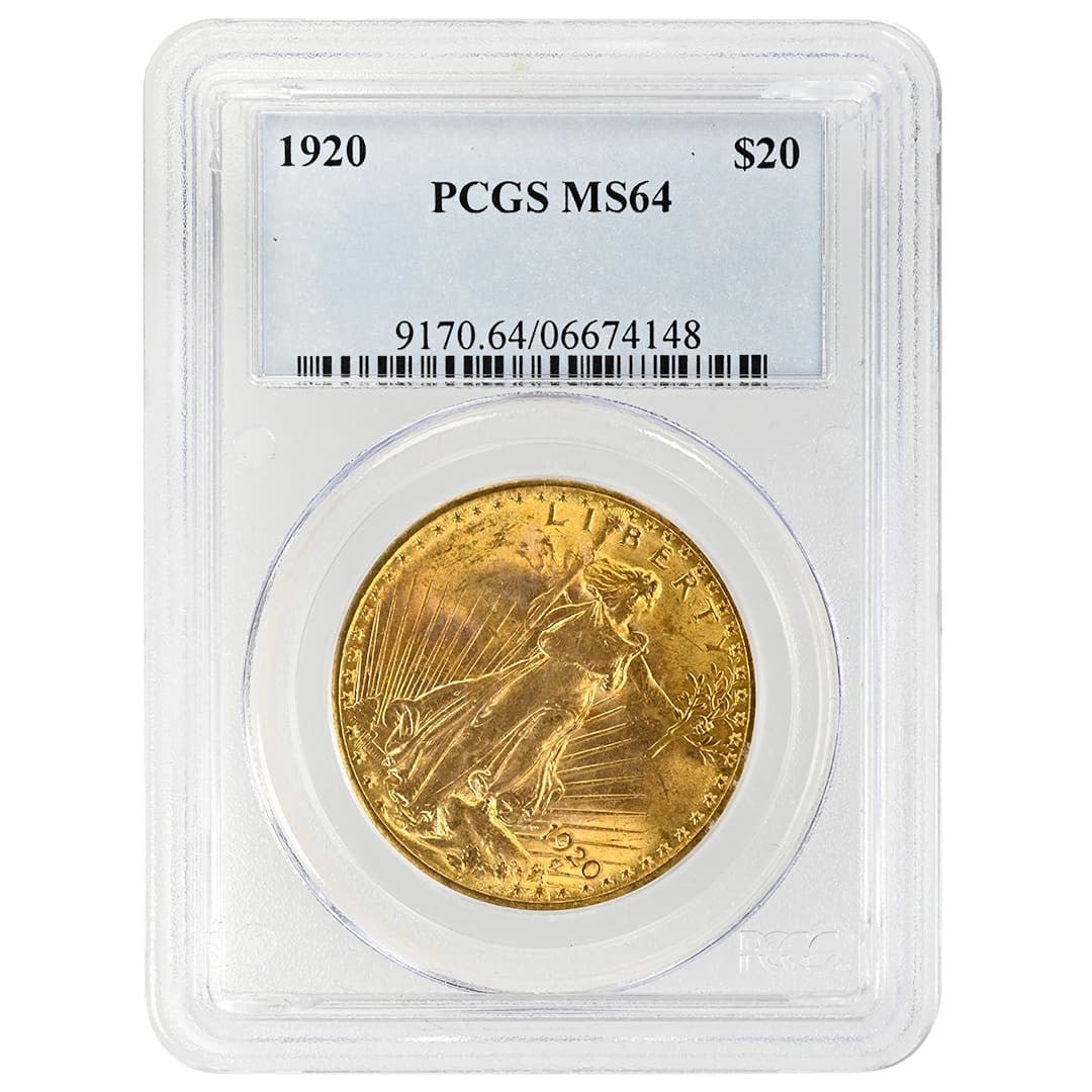 PCGS MS64 1920 Saint-Gaudens $20 Gold Double Eagle With Motto Type 3: PCGS MS64 1920 Saint-Gaudens $20 Gold Double Eagle With Motto Type 3 1920 Saint-Gaudens $20 Double Eagle Type 3 With Motto, graded PCGS MS64. This pre-owned United States gold coin features the With M