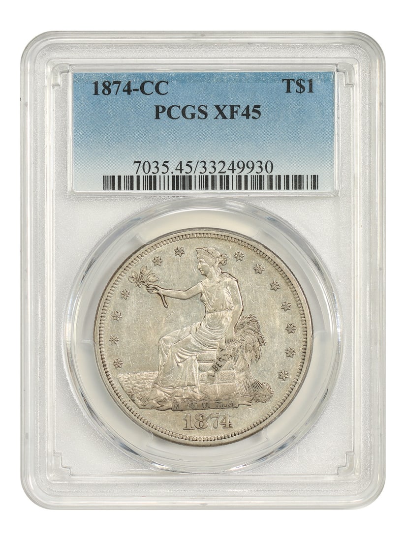 PCGS XF45 1874 Carson City Trade Dollar T$1: PCGS XF45 1874 Carson City Trade Dollar T$1 This 1874 Carson City Trade Dollar is a circulated example certified by PCGS as XF45. It has a mintage of 1,373,200 and is readily available in mid-circulat