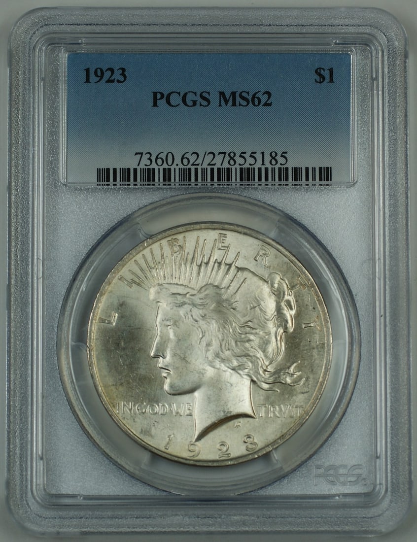 PCGS MS-62 1923 Peace Dollar $1 Silver Coin: PCGS MS-62 1923 Peace Dollar $1 Silver Coin 1923 Peace Dollar $1 certified by PCGS and graded MS-62. This silver coin is an uncirculated example and is a better, very choice coin. Pre-owned. Specifica