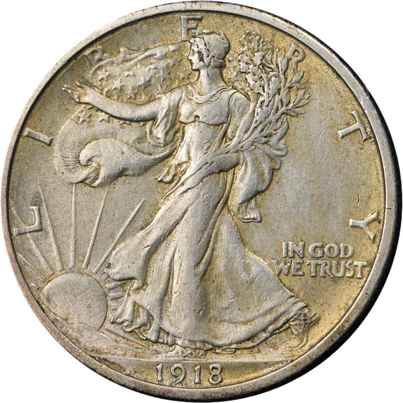 1918 S Walking Liberty Half Dollar Silver AU BU: 1918 S Walking Liberty Half Dollar Silver AU BU 1918-S Walking Liberty Half Dollar with attractive eye appeal, nice luster, a strong strike, and pleasing color and surfaces. This pre-owned coin is Nic