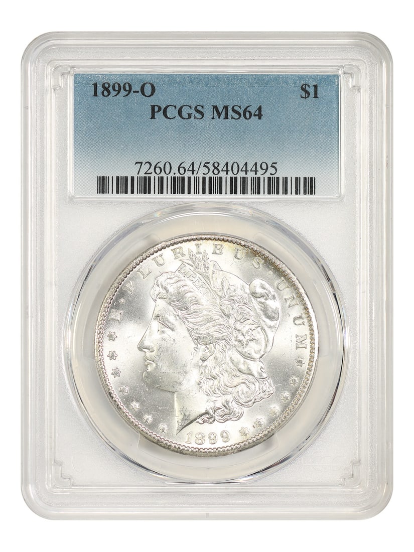 PCGS MS64 1899 O Morgan Silver Dollar $1: PCGS MS64 1899 O Morgan Silver Dollar $1 1899-O Morgan Dollar certified by PCGS in MS64 condition. This uncirculated example is identified as a $1 denomination coin struck at the New Orleans Mint. Due