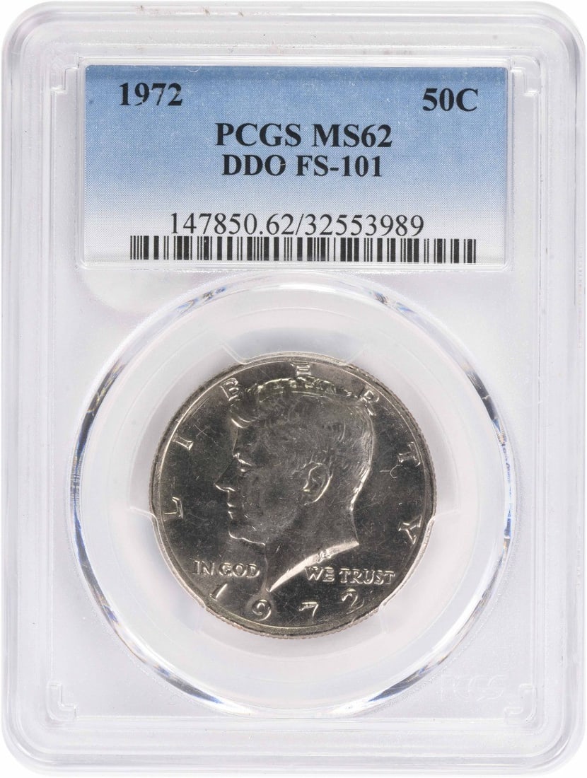 PCGS MS62 1972 Kennedy Half Dollar FS-101 DDO 50C: PCGS MS62 1972 Kennedy Half Dollar FS-101 DDO 50C 1972 Kennedy Half Dollar DDO FS-101 certified by PCGS and graded MS62. This uncirculated clad 50C coin is a pre-owned United States issue. Specificati