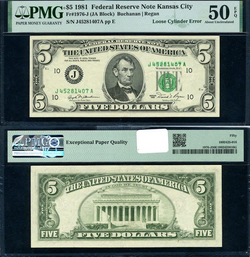 1981 $5 Federal Reserve Note Fr 1976 J Right Serial Error PMG AU50 EPQ (1 of 3)
