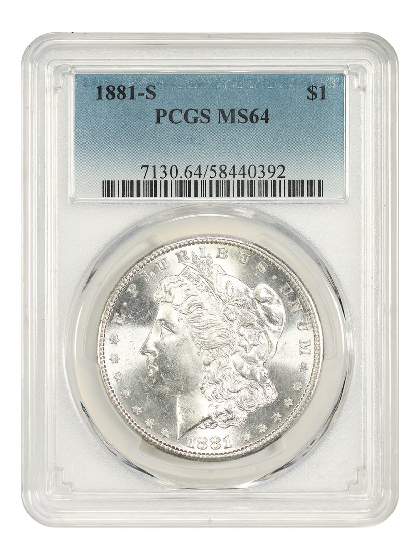 PCGS MS64 1881-S Morgan Silver Dollar $1 Uncirculated: PCGS MS64 1881-S Morgan Silver Dollar $1 Uncirculated 1881-S Morgan Dollar certified by PCGS in MS64 grade. This uncirculated example is noted in the original listing as a popular collector date and a