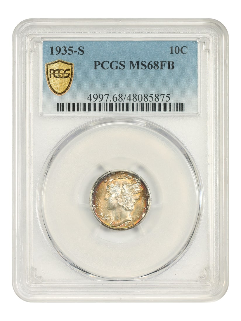 PCGS MS68FB 1935-S Mercury Dime 10C Uncirculated: PCGS MS68FB 1935-S Mercury Dime 10C Uncirculated 1935-S Mercury Dime certified by PCGS as MS68FB. The 1935-S Mercury Dime saw a well-produced mintage in excess of 15.8 million. From a PCGS population 