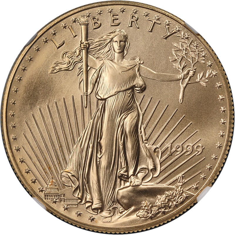 NGC MS70 1999 $50 American Gold Eagle Coin Brown Label: NGC MS70 1999 $50 American Gold Eagle Coin Brown Label Original 1999 Gold American Eagle $50 coin graded NGC MS70. This uncirculated coin is offered as a stock item, and you will receive a hand-picked