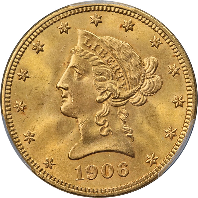 1906-P Liberty Gold $10 Coin CAC PCGS MS65 Key Date Superb Appeal: 1906-P Liberty Gold $10 Coin CAC PCGS MS65 Key Date Superb Appeal This stunning 1906-P Liberty Gold $10 coin boasts a remarkable eye appeal, featuring fantastic luster and a strong strike. It is certi