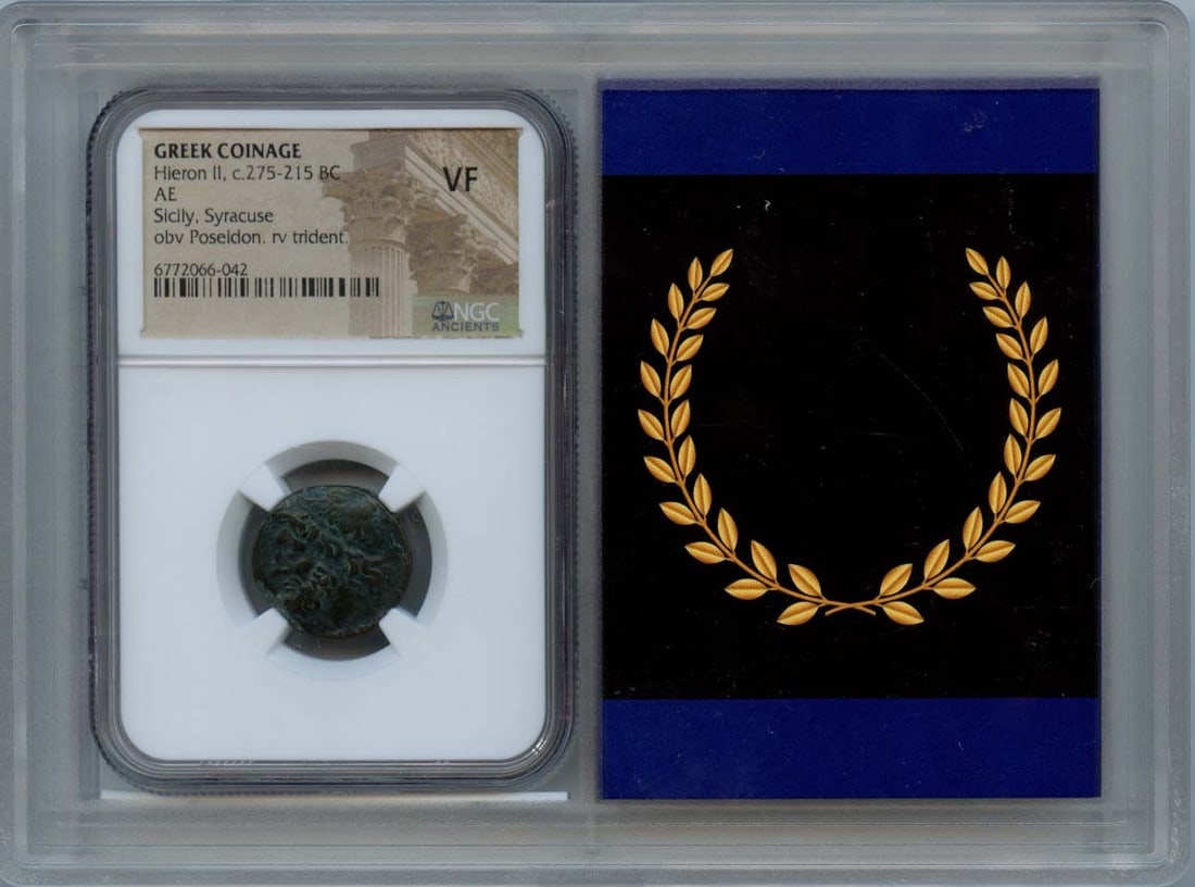 Ancient Greek AE Coin Hieron II of Syracuse Sicily 275-215 BC NGC VF20: Ancient Greek AE Coin Hieron II of Syracuse Sicily 275-215 BC NGC VF20 Ancient Greek coin of Hieron II from Syracuse, Sicily, dated c. 275-215 BC. This pre-owned example is certified by NGC and graded