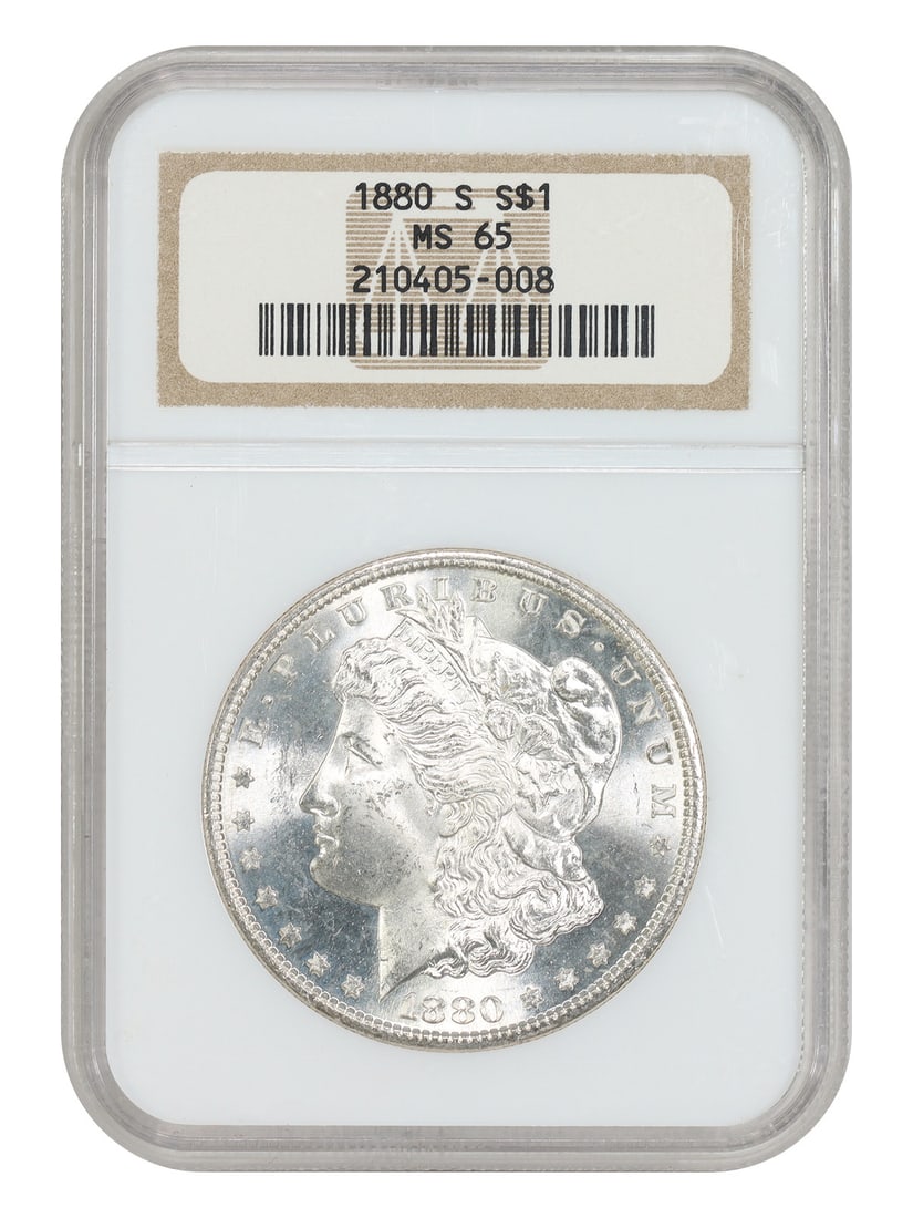 NGC MS65 1880-S Morgan Silver Dollar $1 Uncirculated: NGC MS65 1880-S Morgan Silver Dollar $1 Uncirculated 1880-S Morgan Dollar certified by NGC in MS65 grade. This uncirculated example is a popular collector date and is known for the consistently crisp 