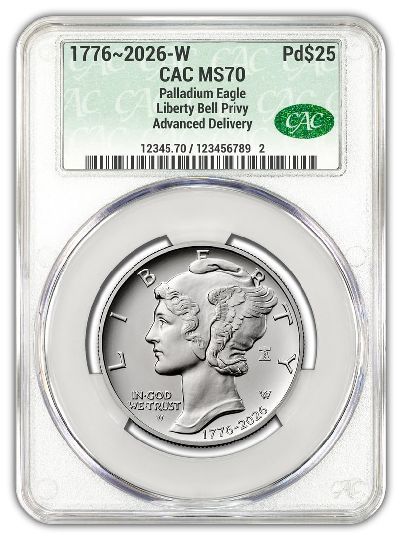 2026-W High Relief Palladium Eagle $25 1 oz CAC Bell Privy MS70: 2026-W High Relief Palladium Eagle $25 1 oz CAC Bell Privy MS70 1776 2026-W High Relief Palladium Eagle coin with Bell Privy, struck by the U.S. Mint. This pre-owned coin is certified CAC and features
