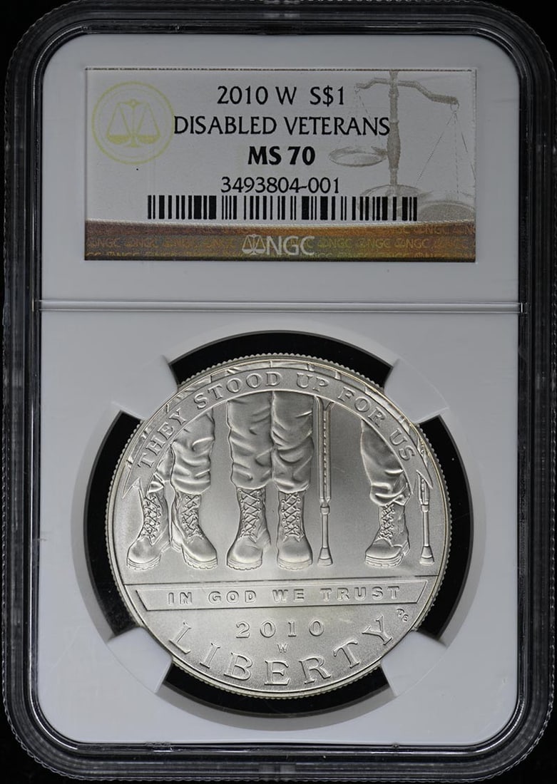 2010 W Disabled Veterans Silver Dollar NGC MS70 Uncirculated: 2010 W Disabled Veterans Silver Dollar NGC MS70 Uncirculated This 2010 W Modern Commemorative Disabled Veterans Silver Dollar is a remarkable collector's item, certified by NGC with a perfect grade of