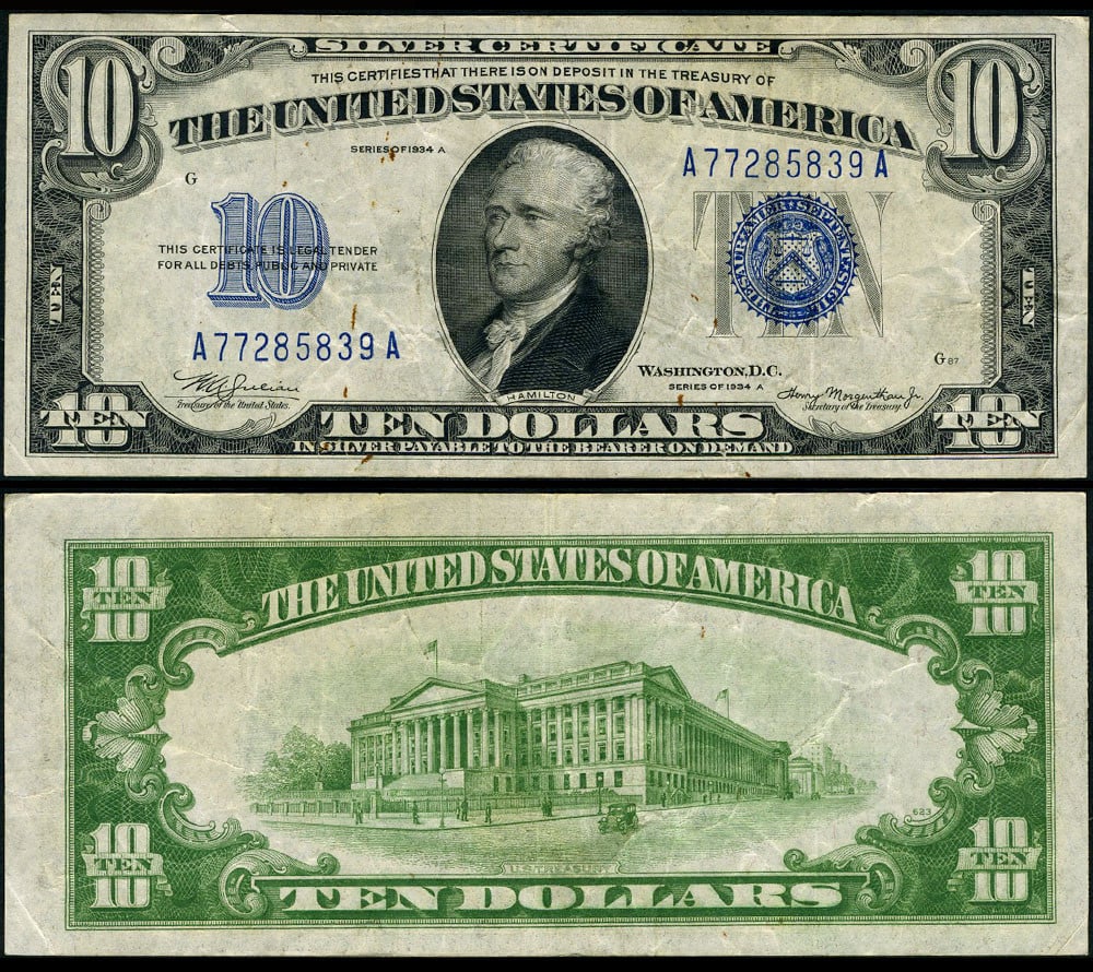 1934-A $10 Silver Certificate Non-Mule Face Plate #87 Very Fine+: 1934-A $10 Silver Certificate Non-Mule Face Plate #87 Very Fine+ This is a 1934-A $10 Silver Certificate, designated FR. 1702, featuring a rare face plate #87. It exhibits original paper quality with 