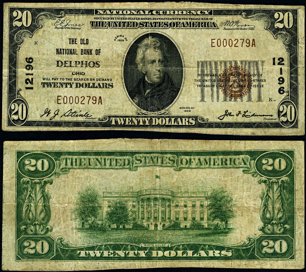 1929 T-1 $20 National Bank Note Delphos Ohio Ch #12196 Fine: 1929 T-1 $20 National Bank Note Delphos Ohio Ch #12196 Fine 1929 Type 1 $20 National Bank Note from Delphos, Ohio, charter number 12196. This circulated example is graded Fine and shows even circulati
