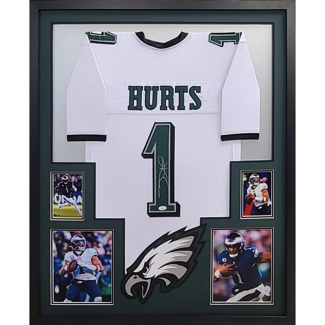 Philadelphia Eagles Jalen Hurts Autographed Framed White Jersey JSA: Philadelphia Eagles Jalen Hurts Autographed Framed White Jersey JSA Autographed Jalen Hurts framed white jersey for the Philadelphia Eagles. This framed display includes JSA authentication with a tamp