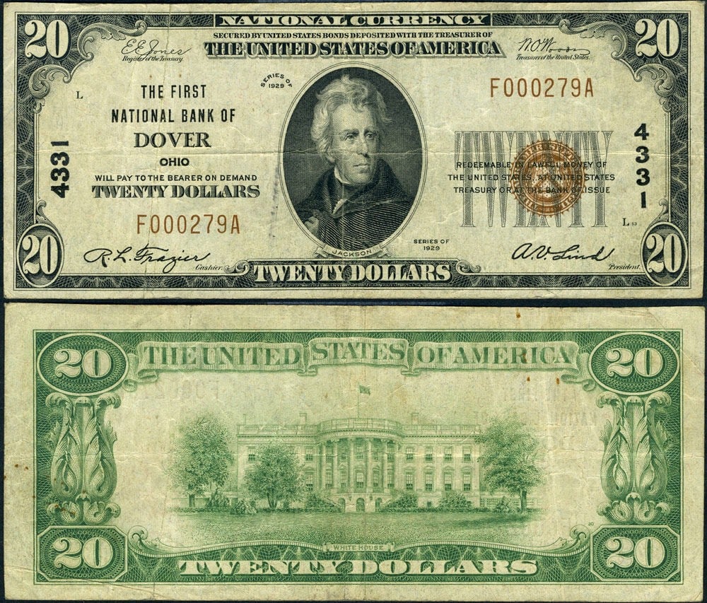 $20 1929 T1 Dover Ohio National Bank Note CH 4331 VF (1 of 3)