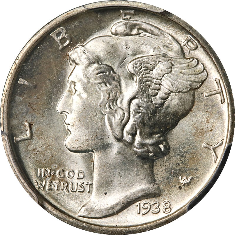 PCGS MS66 FB 1938-D Mercury Silver Dime: PCGS MS66 FB 1938-D Mercury Silver Dime A 1938-D Mercury Dime certified by PCGS and graded MS66 FB. This uncirculated silver coin is described as having great eye appeal, fantastic luster, a strong st