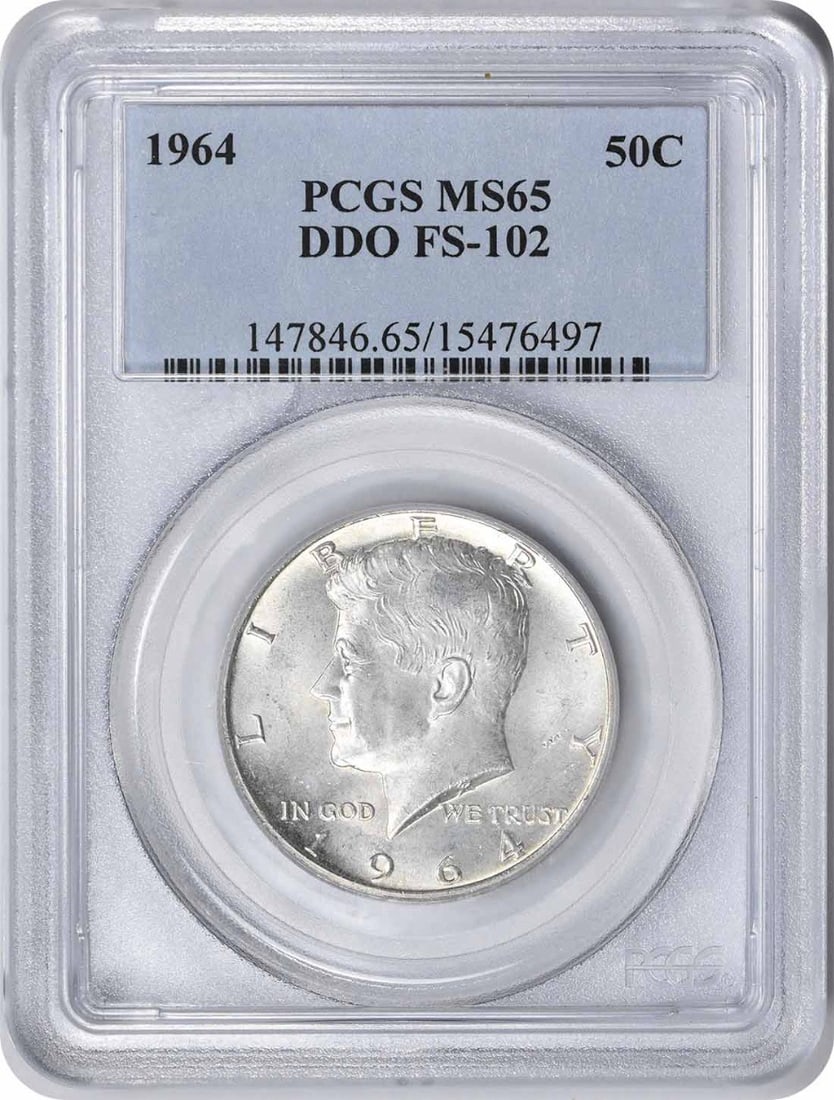PCGS MS65 1964 Kennedy 50C Silver Half Dollar FS-102 DDO: PCGS MS65 1964 Kennedy 50C Silver Half Dollar FS-102 DDO 1964 Kennedy Half Dollar DDO FS-102 certified by PCGS and graded MS65. This uncirculated silver 50C coin is a pre-owned example from the United