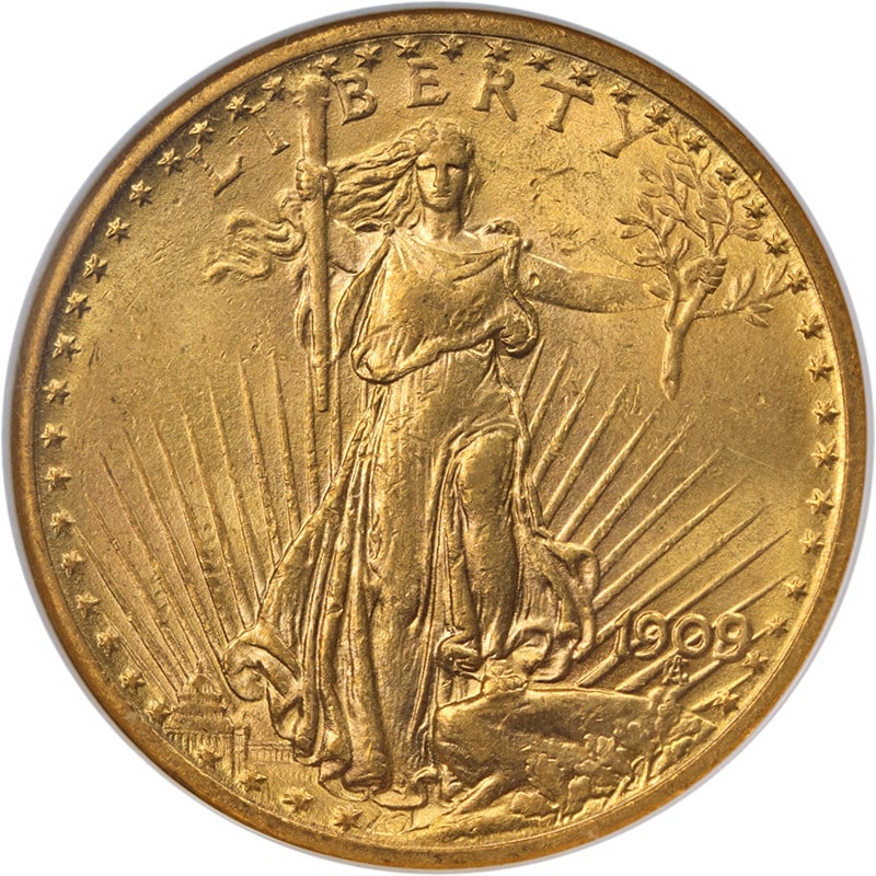 NGC AU58 1909 8 Overdate Saint-Gaudens $20 Gold Coin: NGC AU58 1909 8 Overdate Saint-Gaudens $20 Gold Coin 1909/8 Saint-Gaudens Gold $20 coin graded NGC AU58. This circulated coin features a popular overdate and is noted for nice eye appeal, luster, stri