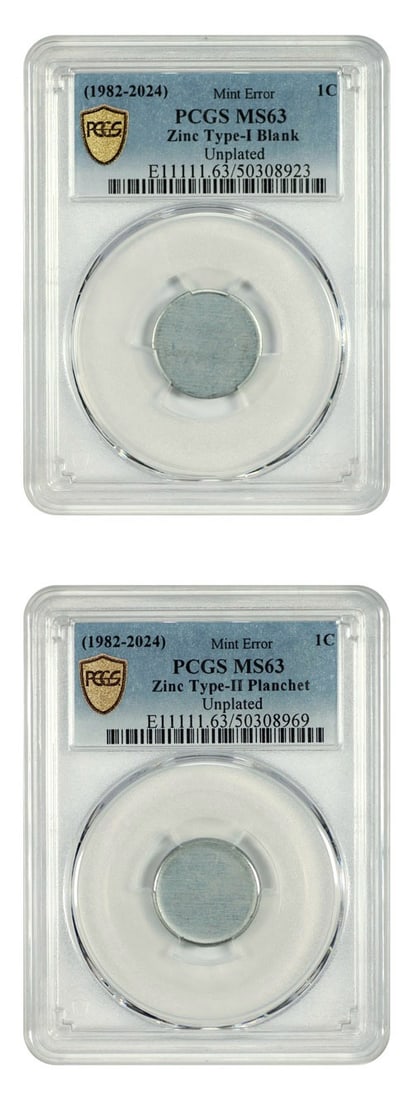 PCGS MS63 1982 Lincoln Cent 1C error pair blank and planchet: PCGS MS63 1982 Lincoln Cent 1C error pair blank and planchet Matched 1982 Lincoln cent mint error set featuring one Type 1 blank and one Type 2 planchet. Both pieces are zinc and unplated, illustratin
