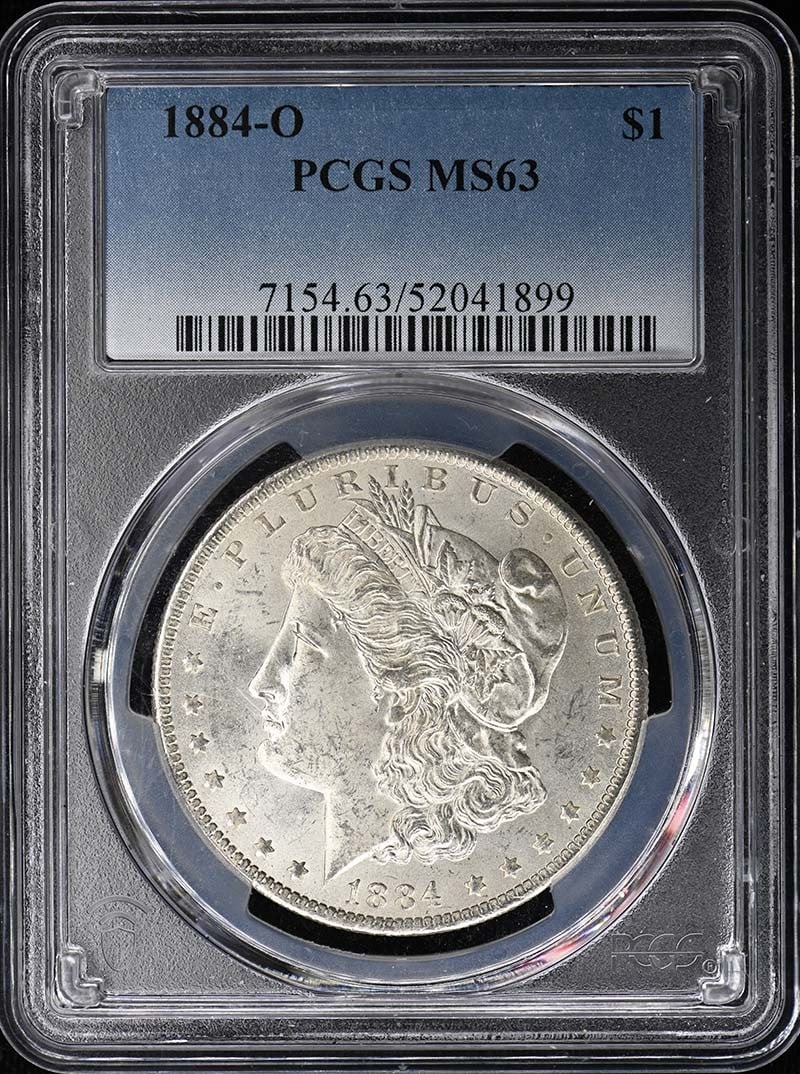 PCGS MS63 1884 O Morgan Silver Dollar: PCGS MS63 1884 O Morgan Silver Dollar 1884-O Morgan Dollar certified by PCGS and graded MS63. This pre-owned coin is an uncirculated United States silver dollar from the Morgan Dollar series. Specific