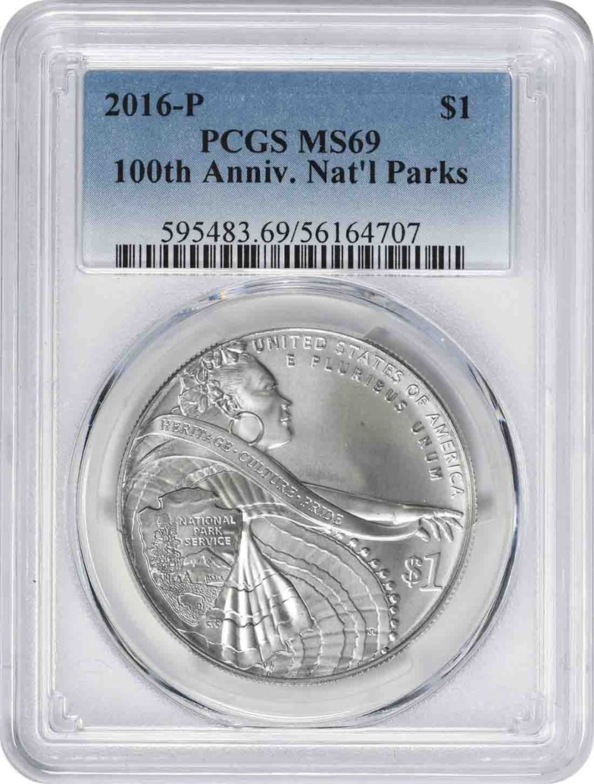 PCGS MS69 2016-P National Park Service Centennial Silver Dollar: PCGS MS69 2016-P National Park Service Centennial Silver Dollar 2016-P 100th Anniversary National Park Service commemorative silver dollar graded MS69 by PCGS. This uncirculated United States coin is 
