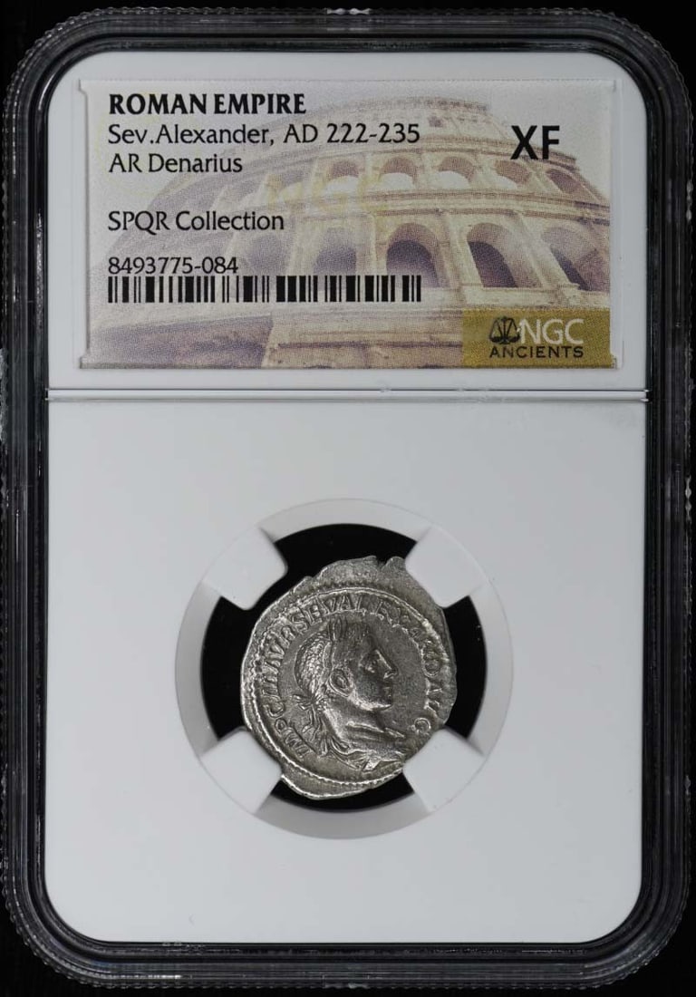 Roman Empire AR Denarius Severus Alexander AD 222-235 NGC XF40: Roman Empire AR Denarius Severus Alexander AD 222-235 NGC XF40 Roman Empire AR denarius of Severus Alexander, dated AD 222-235. This certified example is graded XF40 by NGC and is offered in pre-owned