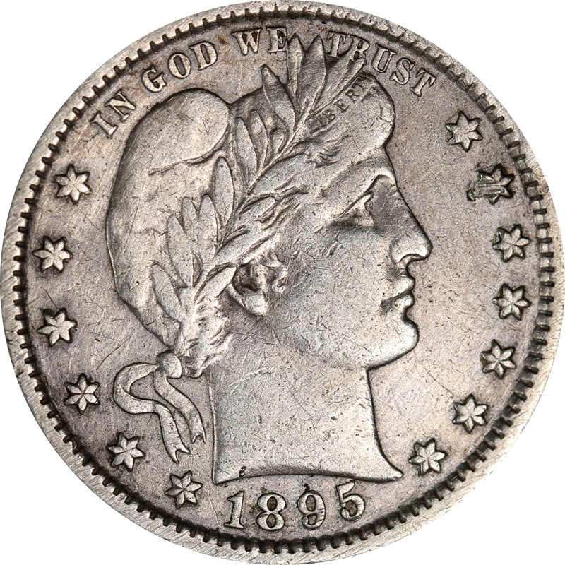 1895 S Barber Quarter Silver Coin San Francisco Mint: 1895 S Barber Quarter Silver Coin San Francisco Mint 1895-S Barber Quarter in pre-owned, circulated condition. This uncertified coin is noted as cleaned. Specifications Coin Type: Barber Quarter Year: