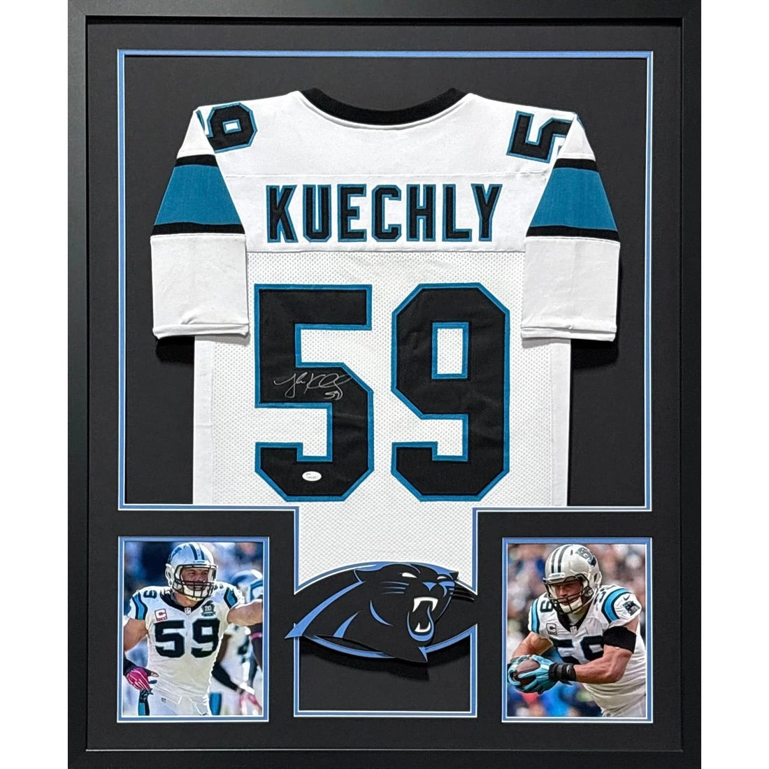 Framed Carolina Panthers White Jersey Signed by Luke Kuechly JSA: Framed Carolina Panthers White Jersey Signed by Luke Kuechly JSA Framed autographed white jersey signed by Luke Kuechly. This Carolina Panthers display features detailed framing and logo presentation,