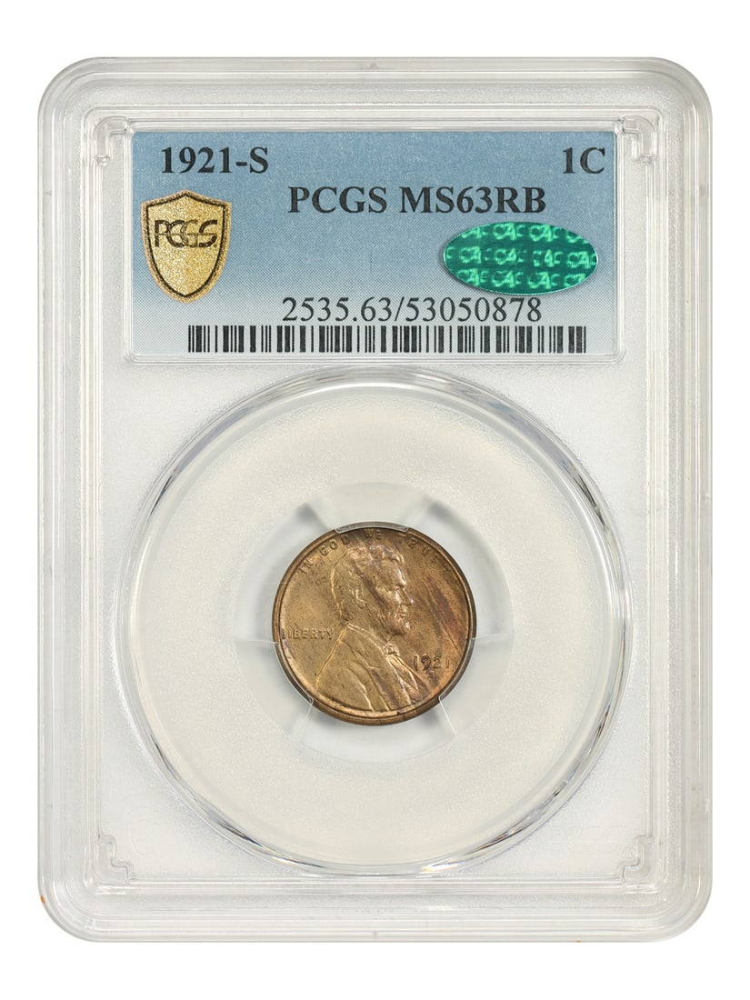 PCGS CAC MS63RB 1921 S Lincoln Wheat Cent 1C: PCGS CAC MS63RB 1921 S Lincoln Wheat Cent 1C 1921-S Lincoln Cent with Wheat Reverse, certified by PCGS and CAC in MS63RB. This uncirculated example is noted in the original listing as a tough date to 