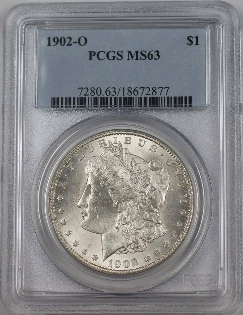 PCGS MS 63 1902 O Morgan Silver Dollar $1 New Orleans: PCGS MS 63 1902 O Morgan Silver Dollar $1 New Orleans 1902-O Morgan Silver Dollar $1 coin certified by PCGS and graded MS-63. This pre-owned coin is an uncirculated example struck in silver at the New