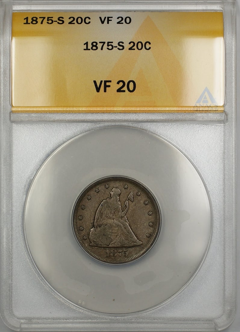San Francisco 1875-S Seated Liberty Silver 20 Cent Coin ANACS VF-20: San Francisco 1875-S Seated Liberty Silver 20 Cent Coin ANACS VF-20 This is an 1875-S Seated Liberty 20 cent silver coin, minted in San Francisco. The coin is certified by ANACS and graded as VG 8