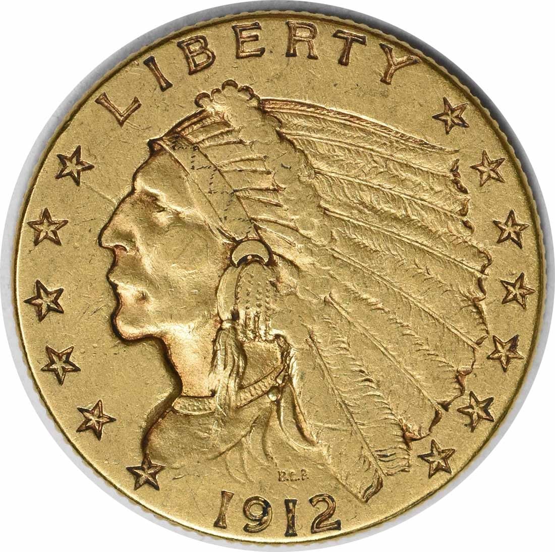 1912 $2.50 Gold Indian Coin by Bela Lyon Pratt: 1912 $2.50 Gold Indian Coin by Bela Lyon Pratt This 1912 $2.50 Gold Indian coin features a design by Bela Lyon Pratt and is composed of 90% gold and 10% copper, showcasing its historical significance.