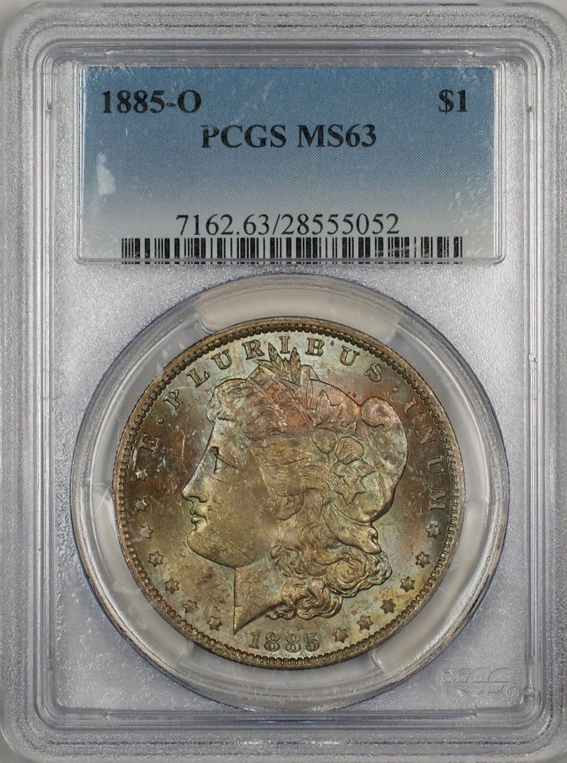 PCGS MS63 1885 O Morgan Silver Dollar $1 Toned Obverse: PCGS MS63 1885 O Morgan Silver Dollar $1 Toned Obverse 1885-O Morgan Silver Dollar $1 coin graded MS-63 by PCGS, featuring a nicely toned obverse. This United States coin is an uncirculated pre-owned 