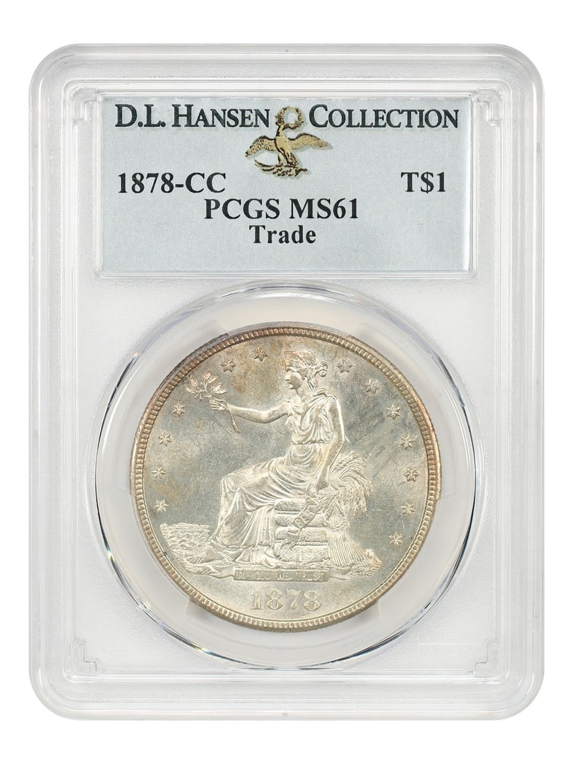 PCGS MS61 1878 CC Trade Dollar ex D.L. Hansen: PCGS MS61 1878 CC Trade Dollar ex D.L. Hansen 1878-CC Trade Dollar certified by PCGS in MS61 grade. A key circulation-strike issue in the Trade Dollar series, the 1878-CC has the lowest mintage of the